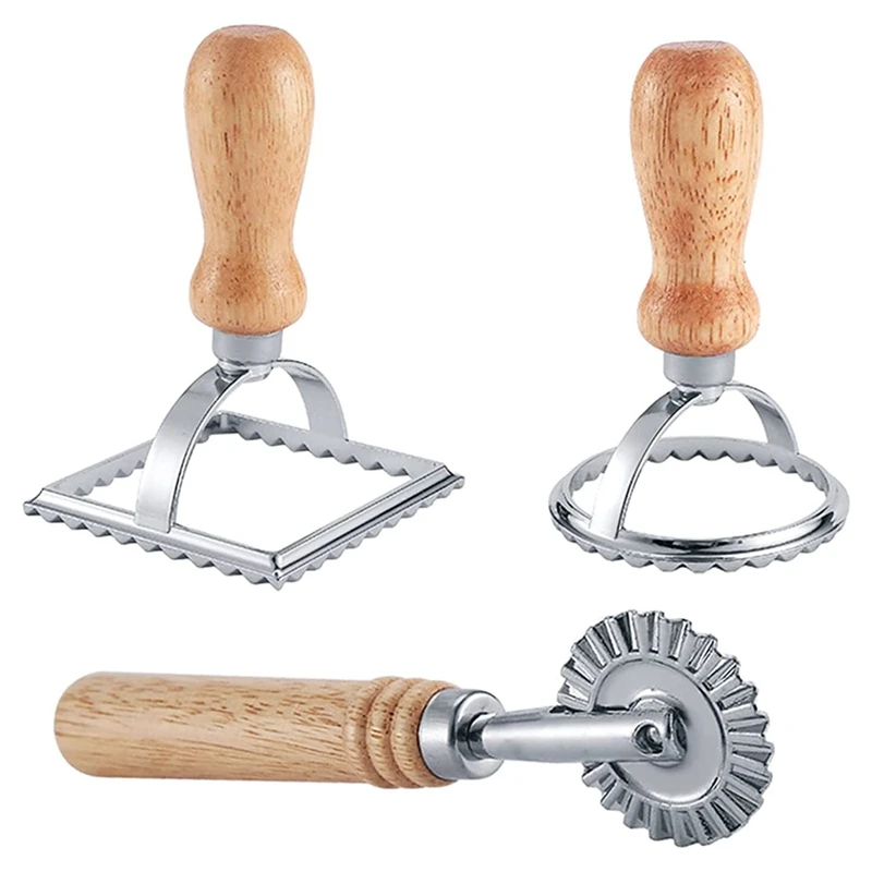 

3Pcs Ravioli Stamp Maker Cutter With Roller Wheel Set,Mold With Wooden Handle For Pasta,Dumplings Lasagna,Pies