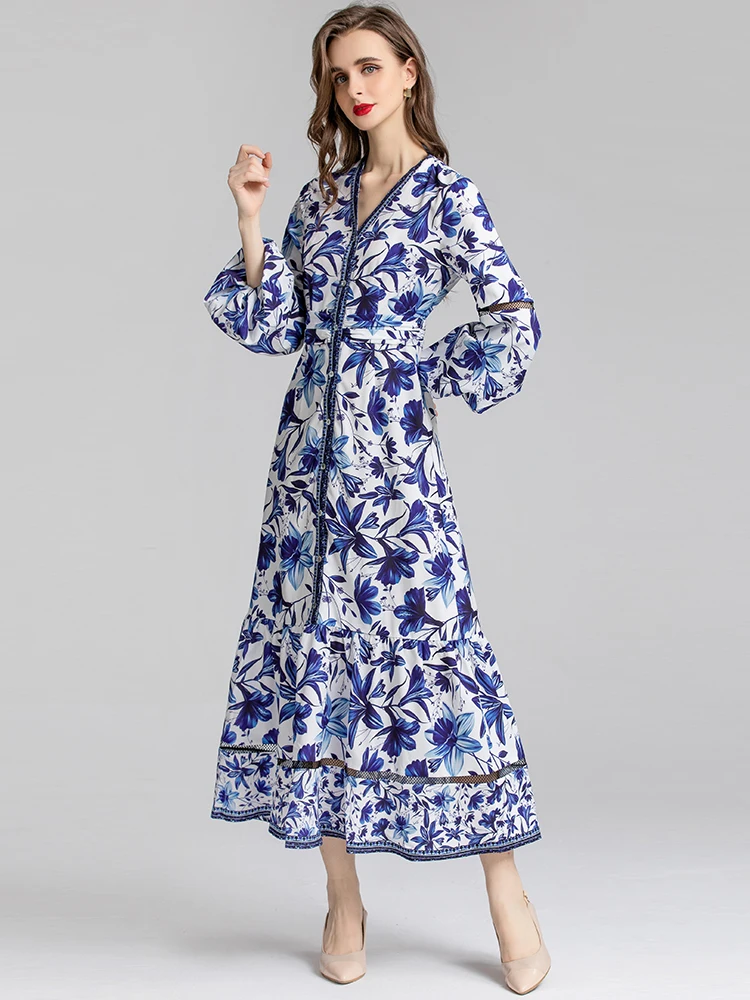 

MoaaYina Fashion Designer dress Autumn Women Dress Lantern sleeve Hollow out Blue and White Porcelain Print Vacation Dresses