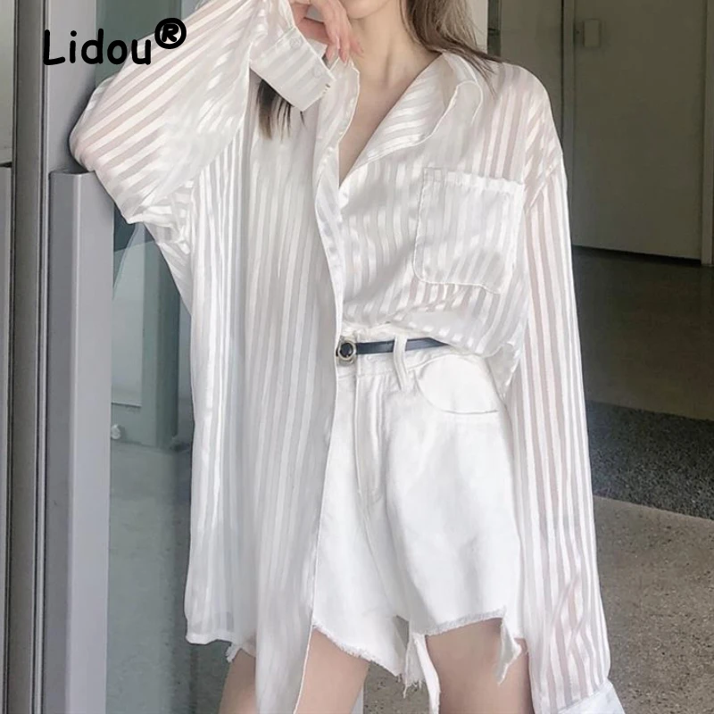 

Stripe Bright Silk White Shirt for Female Spring Summer High Street Blouse Korean Style Causal Long Shirt Women's Thin Sun Shirt