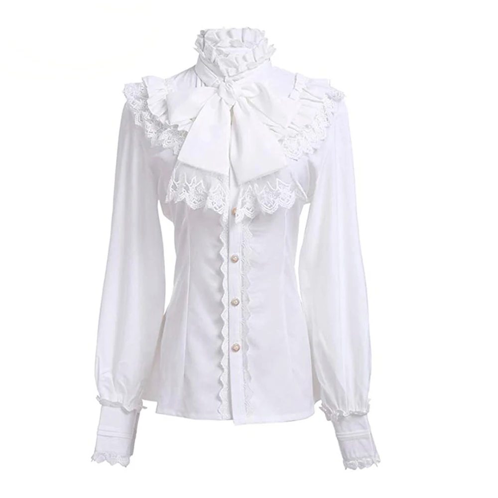 

2023 Victorian Vintage Goth Blouse Button Up Shirt Women Long Sleeve Shirts Retro Tops Bow Front Black White Blouse with Lace