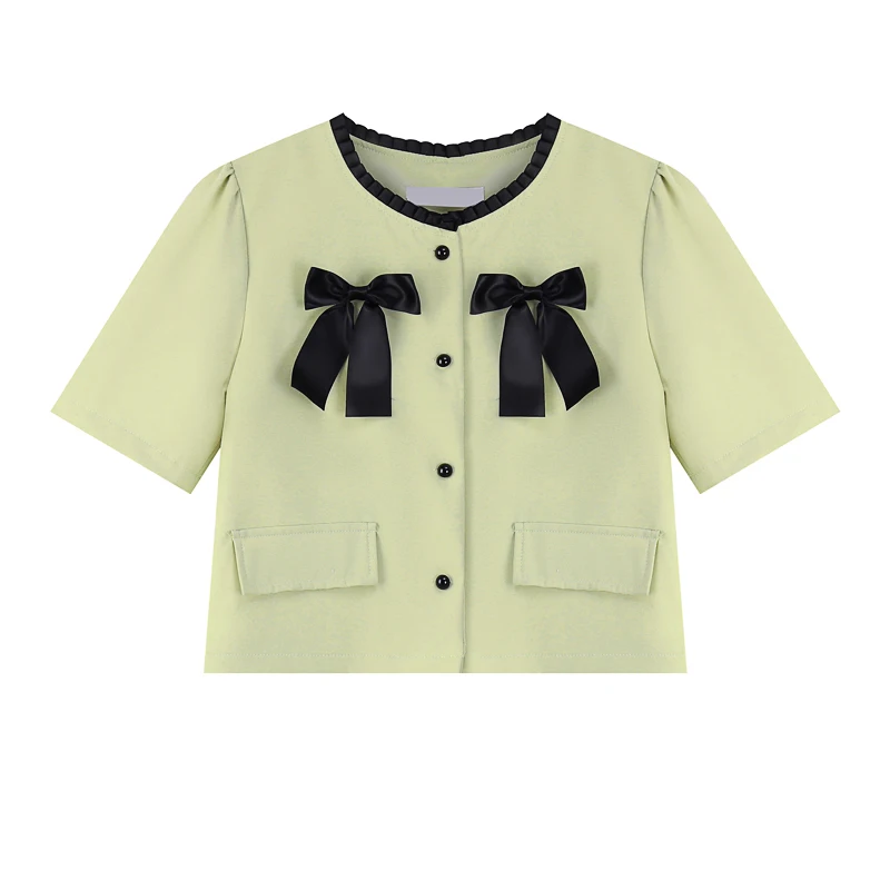 

2022 Summer New Short Sleevev Spliced Bow Slim Tops Coat Women Elegant Vintage Korean Style Cardigan Jacket Female 50611