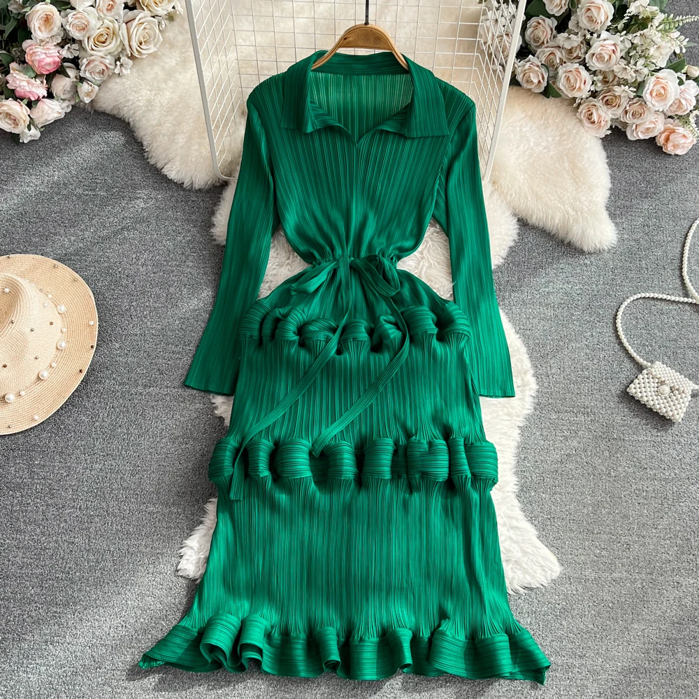 

HIGH STREET Newest 2023 Fashion Stylish Designer Women's Long Sleeved Lapel Ruffled Dress