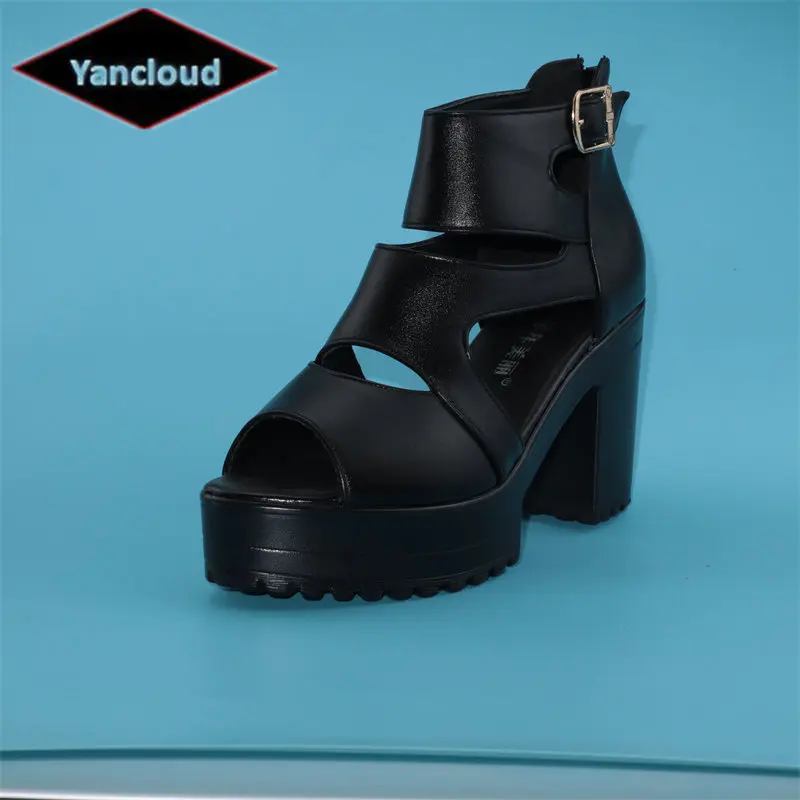 

Plus Size 32-43 Back Zip Soft Leather Shoes Woman Block High Heels 2023 Summer Thick Chunky Platform Sandals Gladiator Office