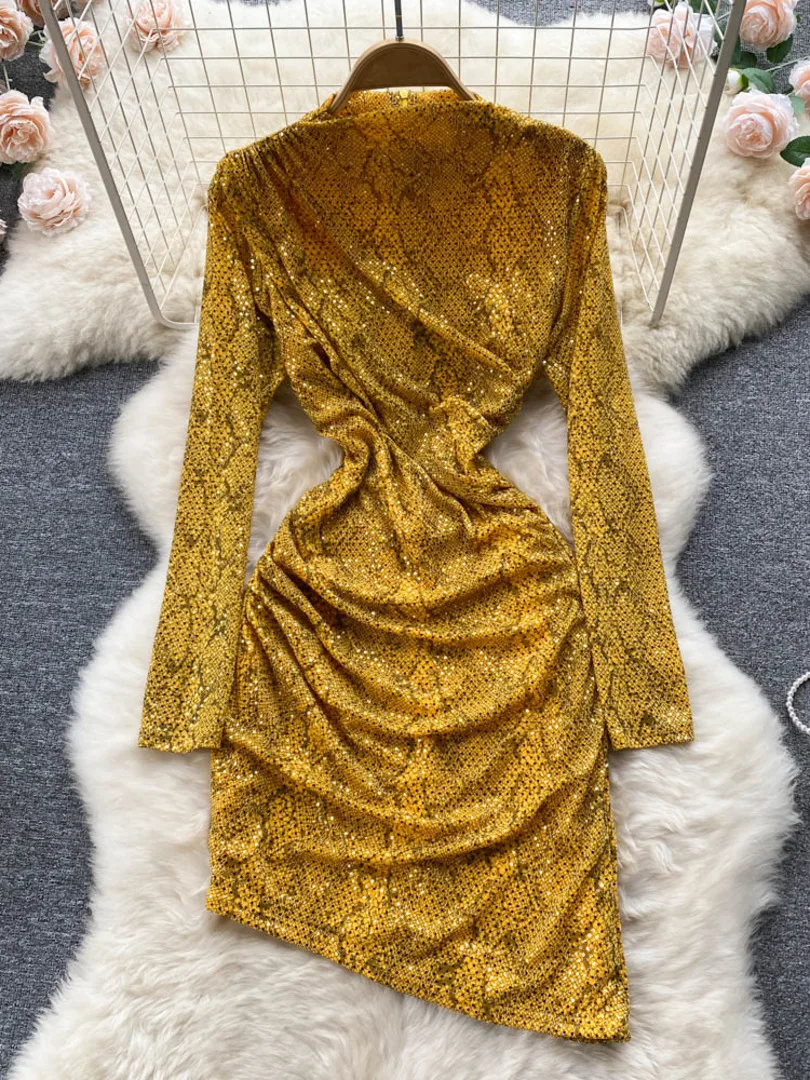 

Fashion Elegant Sequins Bodycon Dress Women 2022 Spring Fashion Stand Collar Long Sleeve Skinny Irregular Sexy Club Party Dress