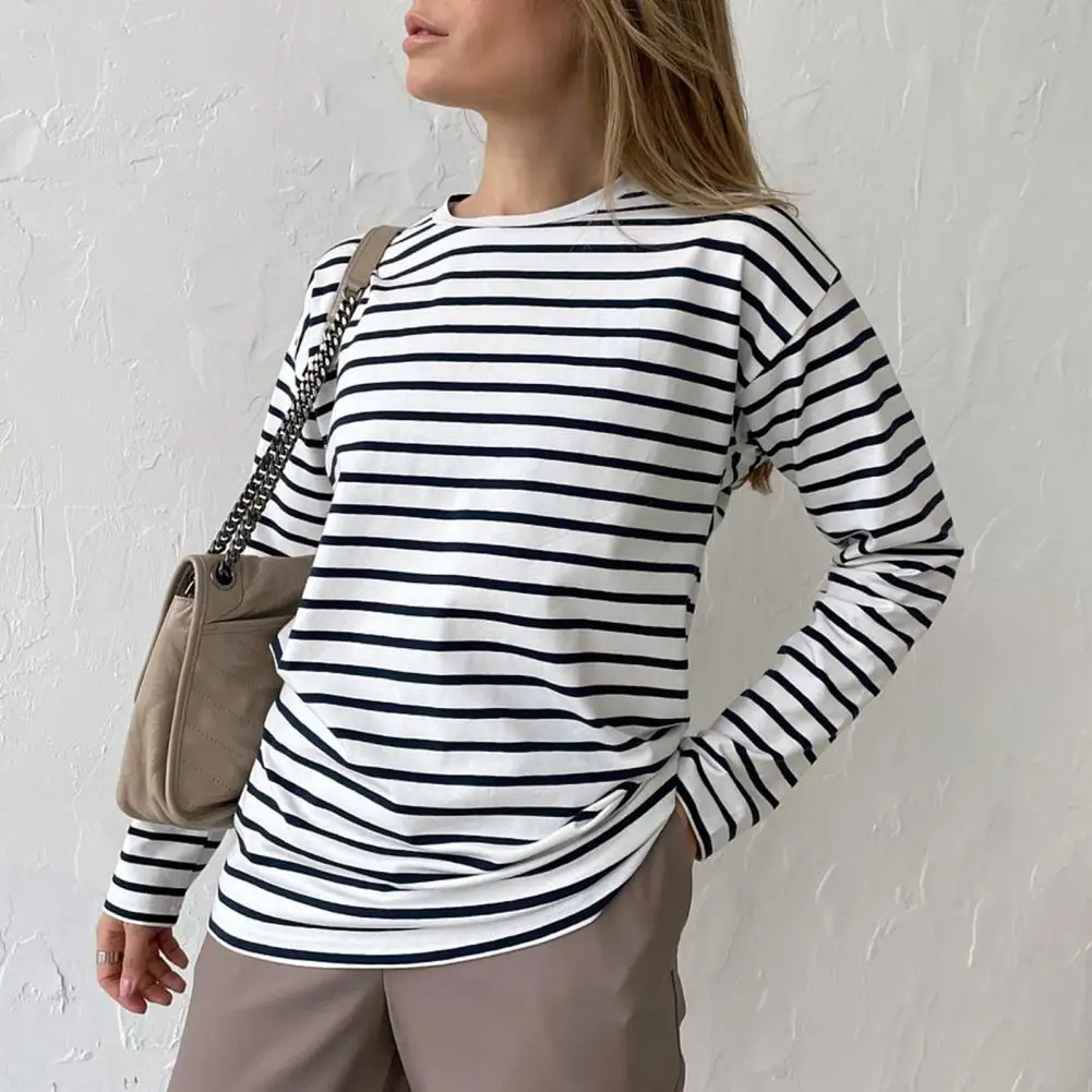 

Versatile T-shirt Striped Print Women's Casual Tee Loose Fit O-neck Long Sleeve Top for Spring Autumn Streetwear Fashion Loose