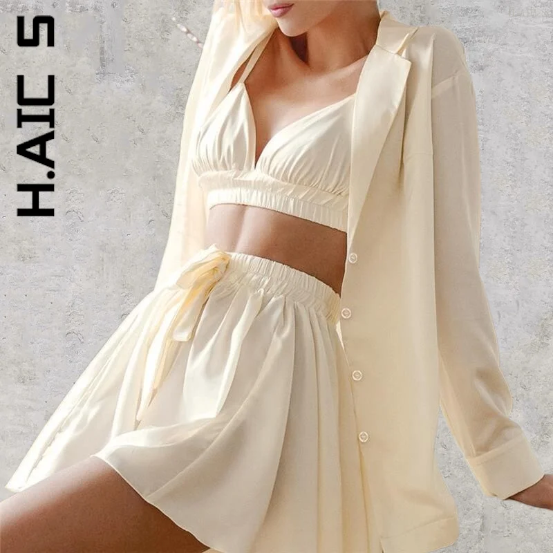 

H.Aic S Pajamas Women 2022 Summer Simple Suit Champagne Bathrobes Skirts 3 Pieces Sets Pijama Female Clothes Women Sleepwear