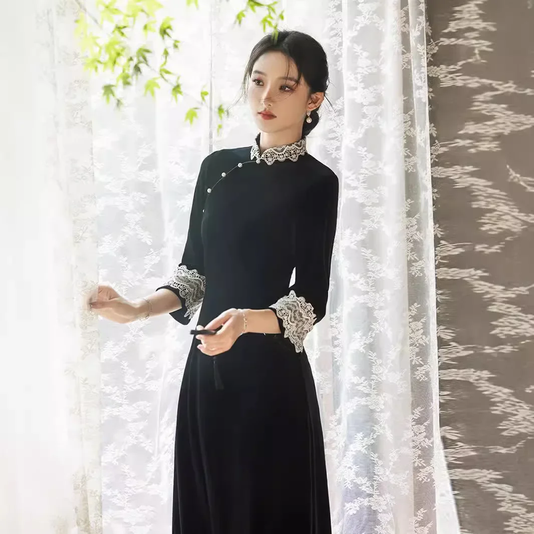 Осенне-зимнее бархатное платье Cheongsam в китайском стиле повседневное свежее