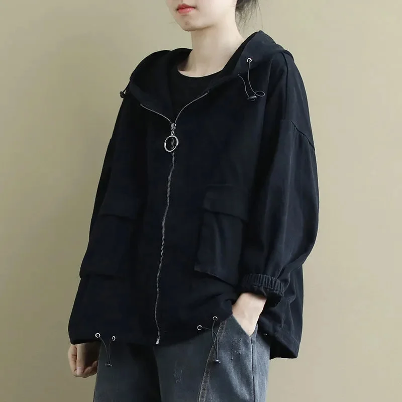 

Women's Fat Sister 2022 Autumn New Loose Literary Long-sleeved Hooded Trench Coat Solid Color All-match Casual Short Female Coat