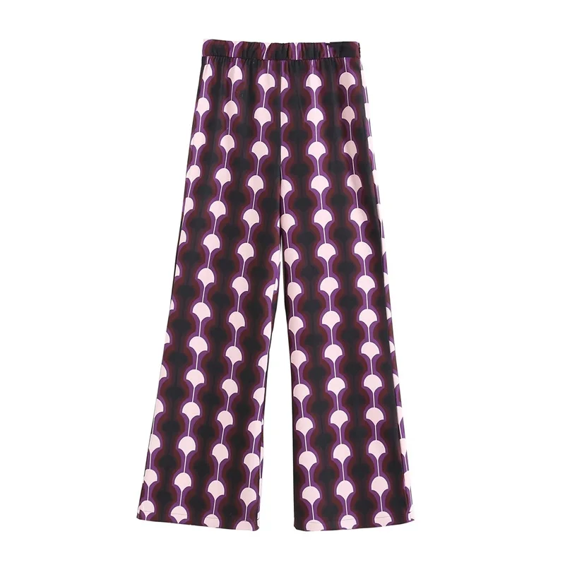 

TRAF Women 2022 Fashion Loose Elastic Waist Printing Flared Pants Vintage High Waist Side Zipper Trousers Streetwear