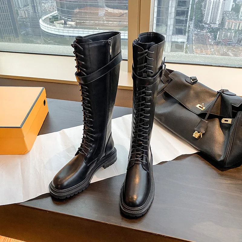 

Alo cnc 2022 New the Autumn and Winter with High Thick Heel Lace-up Boots with Long Knight Boots