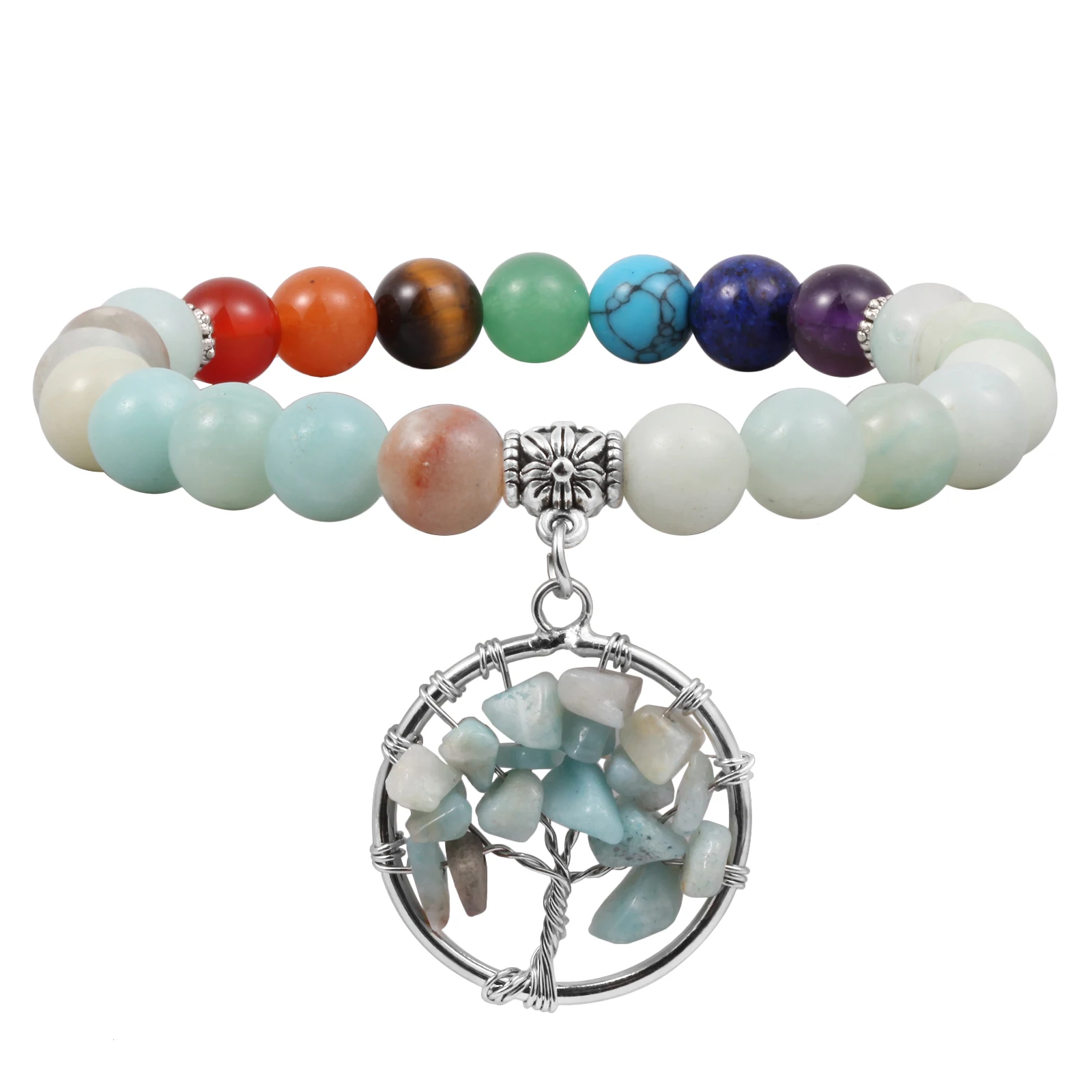 

SUNYIK 8mm Amazonstone Beaded Bracelet Tree of Life Dangle Charm 7 Chakra Crystal Bead Yoga Energy Reiki Healing Women Jewelry