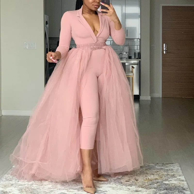 

2022 4xl 5xl Large Size Jumpsuit Mesh Skirts 2 Piece Work Wear Outfit Sexy Women Fashion African Rompers Matching Two-piece Set