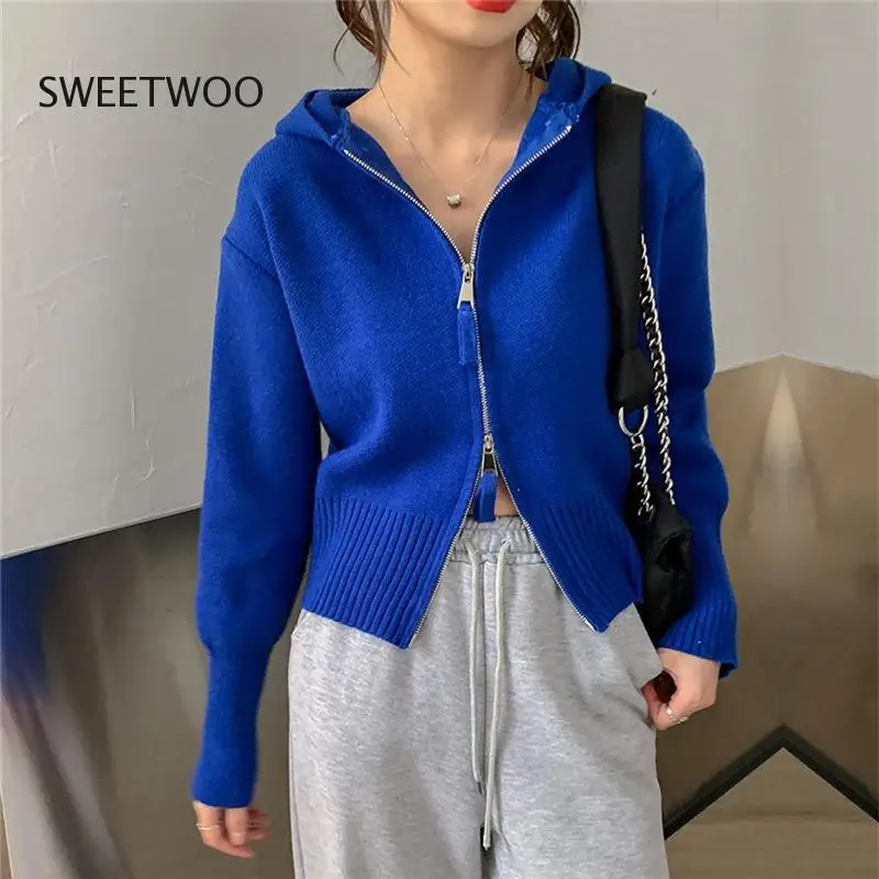 

2022 Autumn New Solid Color Zip Knit Cardigan Tops for Women Korean Casual Hooded Sweater Coat Female Simple Knitted Sweaters