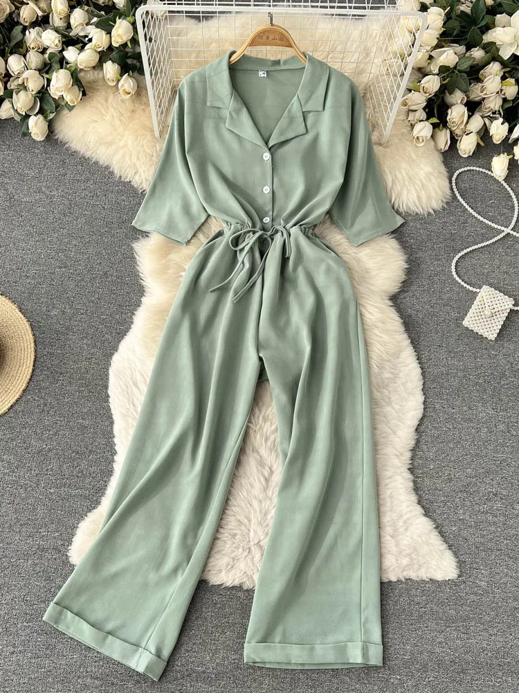 

Women 2022 spring new short-sleeved loose Korean version simple solid color commuter temperament wide-leg jumpsuit female D0736