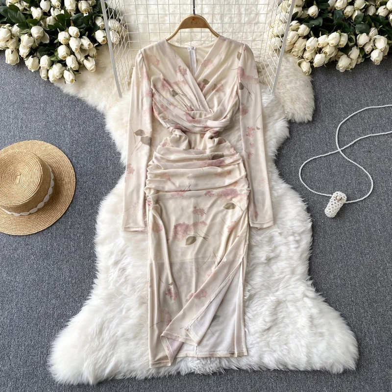 

Autumn Celebrity Sexy V-neck Waist Open Hip Printed Evening Dress Woman