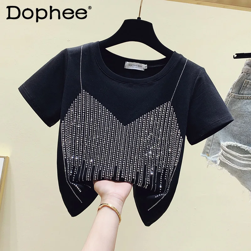 

2021 Summer New Hot Drilling Short-Sleeved T-shirt Women's Chic Fashion High Waist Slim Fit Short White Tshirt Ladies Basic Top