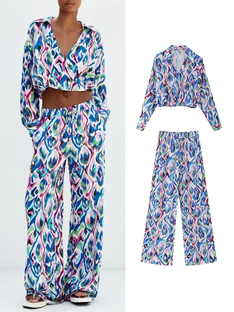 

Женский брючный костюм с принтом, блузка с отложным воротником и длинным рукавом + прямые брюки с поясом на резинке