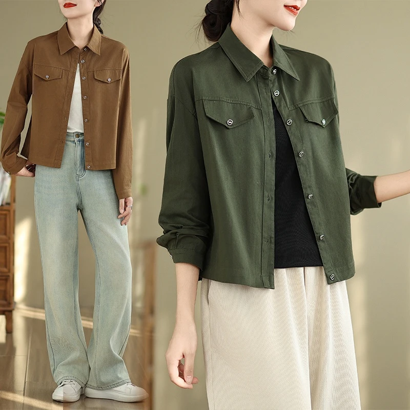 Retro Japan fashion Cargo Short coat Women Spring and Autumn Design Sense Loose All-Match Polo Collar Long sleeve Jacke...