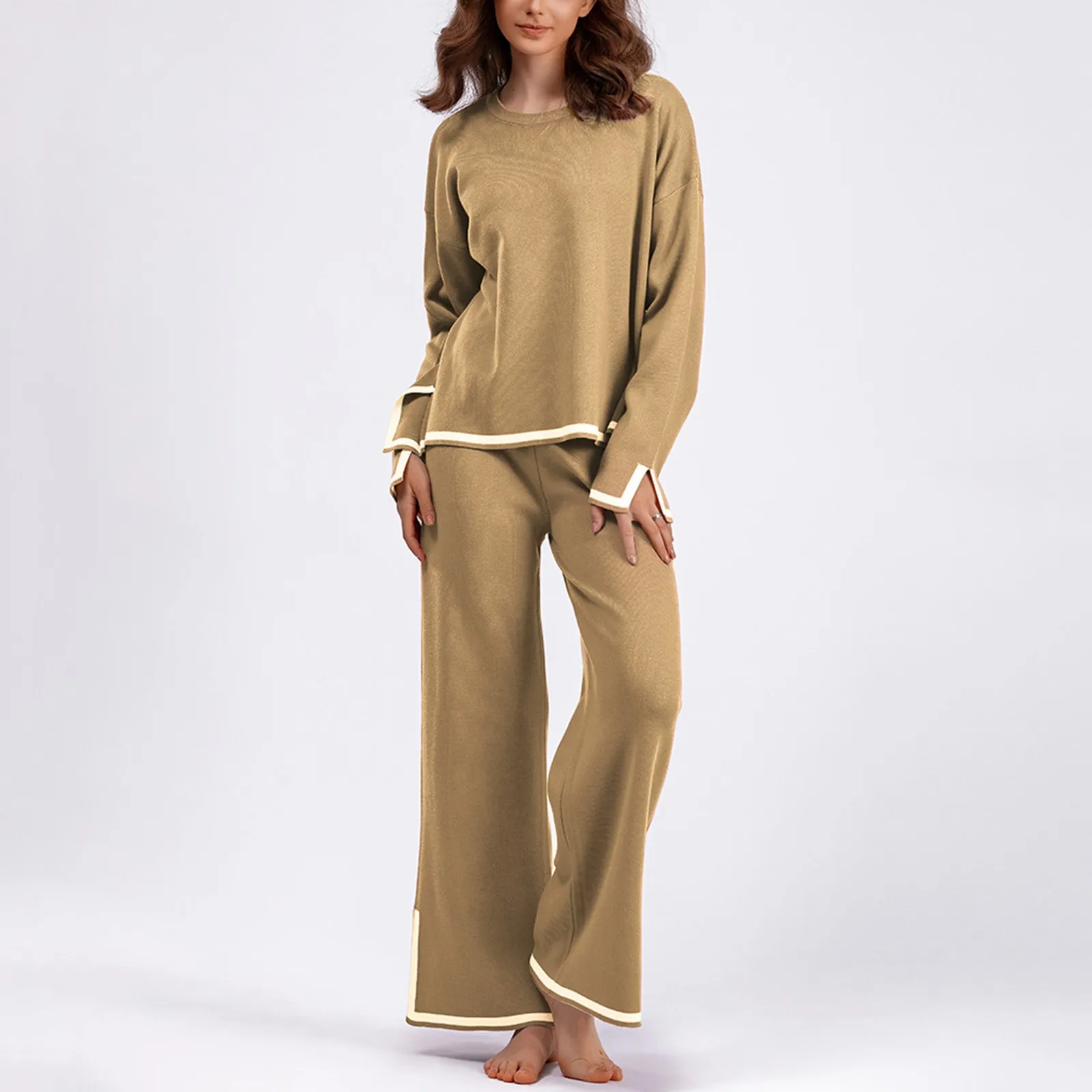 

Autumn Winter Loose Long Sleeve Knitwear Bell Bottoms Suit Knitted Women'S Pants Suit Two-Piece Solid Women'S Casual Suits