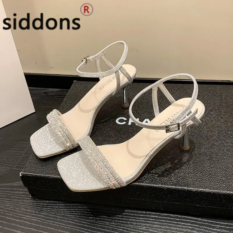 Roman One-word Buckle Square Head Open Toe Sandals Women's 2023 Summer New Sexy Rhinester High Heels Stiletto