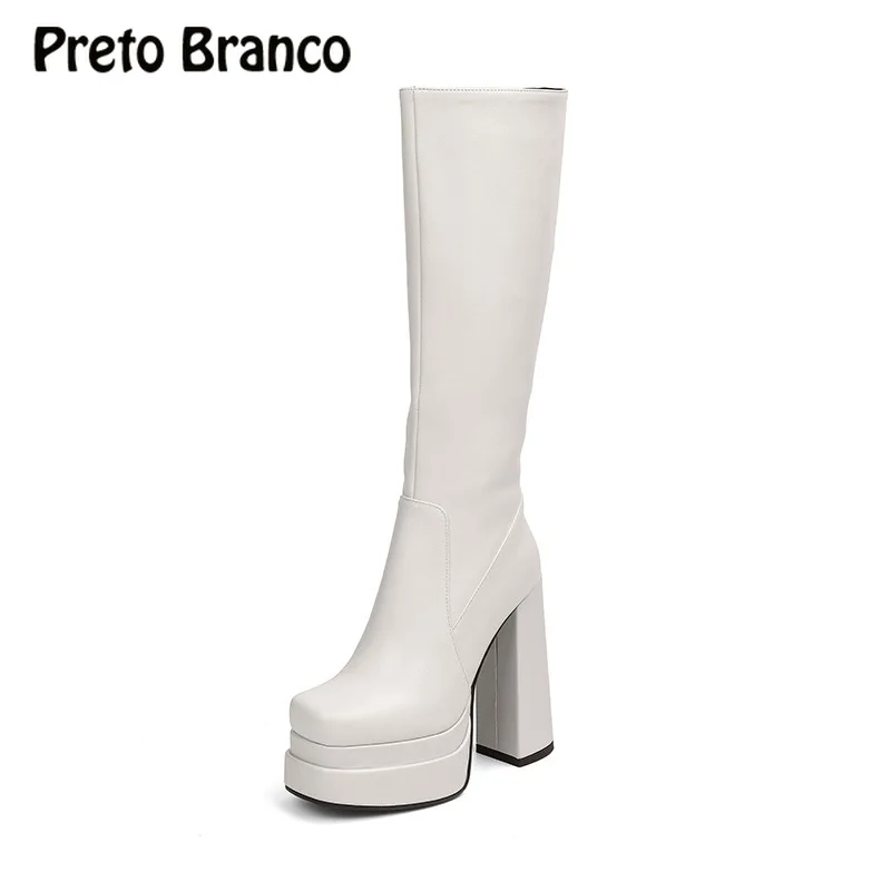 

Women Knee High Boots Square Head Thickened Platform Thick Heel Boots Show Side Zipper Knee Boots combat boots for women G68