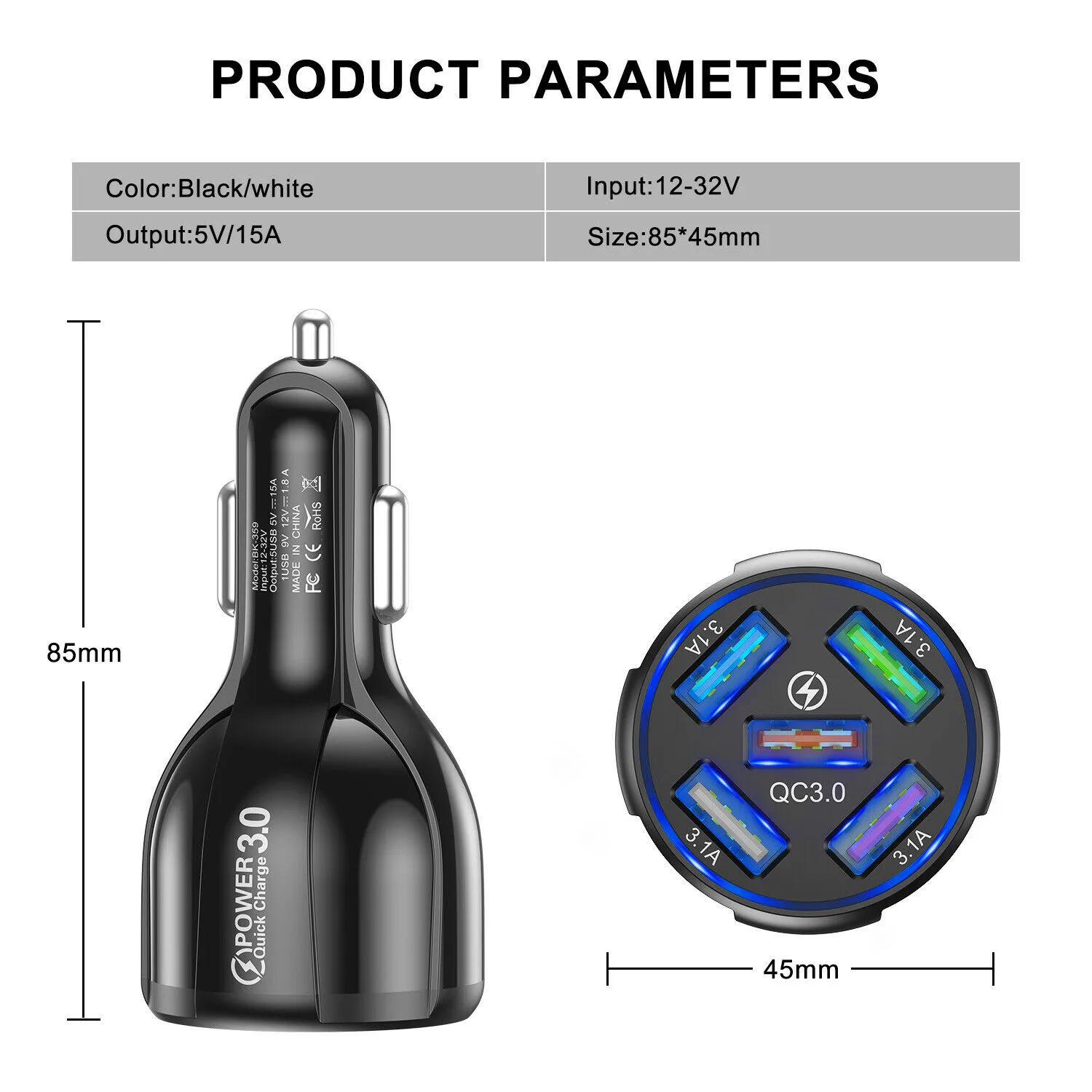 

12-24V Car Charger 1PC 5 USB Port Fast Charger For Phone Multi QC3.0 Socket