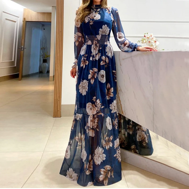 

Ellafads Women Maxi Dress Long Puff Sleeve Nipped Waist Floral Print Half High Collar Elegant Style Chiffon Dresses For Female