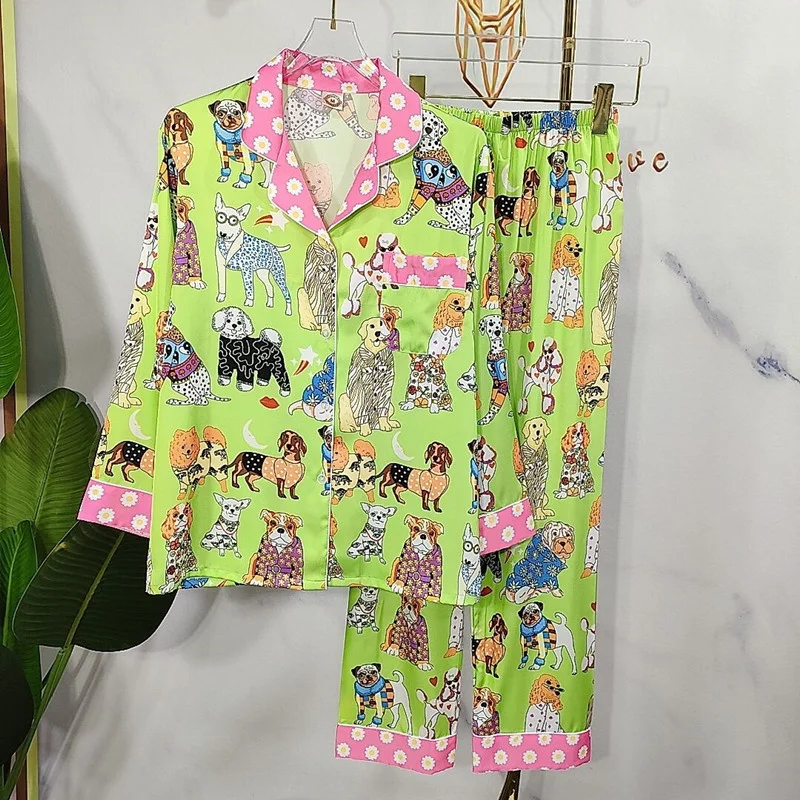 

Осенняя шелковая пижама, зеленый Женский пижамный комплект с мультяшным принтом, комплект из 2 предметов с длинными рукавами и брюками, атласный кардиган, домашняя одежда