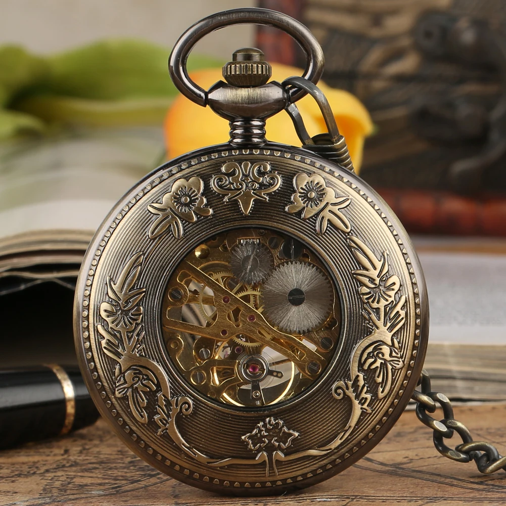 Luxury Red Wood Bronze Mechanical Hand-Wind Pocket Watch Roman Numerals Display Vintage Skeleton Manual Pocket Timepiece Male
