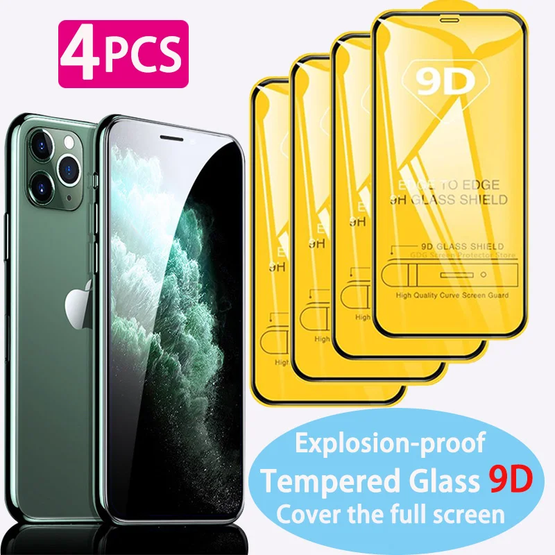 Защитное закаленное стекло 9D для IPhone, защита экрана с полным клеем для моделей 13, 14 Pro Max, 12, 11, 8, 7, 6S, 6 Plus, X, XR, XS Mini, SE2020, 1-4 шт.