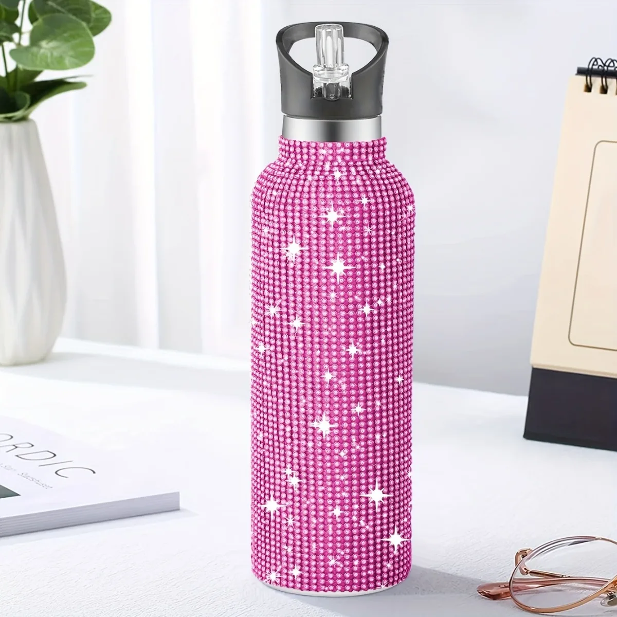 

Studded Vacuum Cup With Straw Stainless Steel Insulated Water Bottles Shiny Rhinestone Decor Thermal Cups For Hot/Cold Beverage
