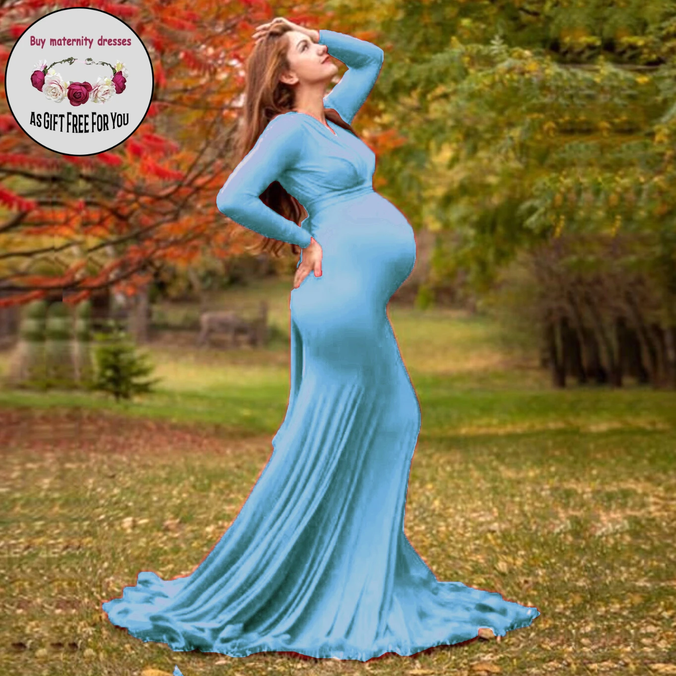 Woman  Deep V-neck Pregnant  Dress for  Photography Mercerized Cotton  Long Sleeve  Fluttering Tail  Long Skirt  maternity dress