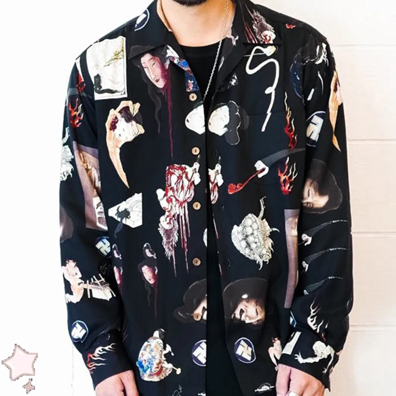

WACKO MARIA Shirt Ghost Print Graffiti Hawaiian Long Sleeve Shirt