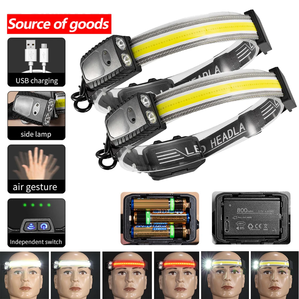 

Powerful Sensor Headlamp COB LED Head Lamp Flashlight Battery Head Torch 7 Lighting Modes Head Light Outdoor Camping Head Torch