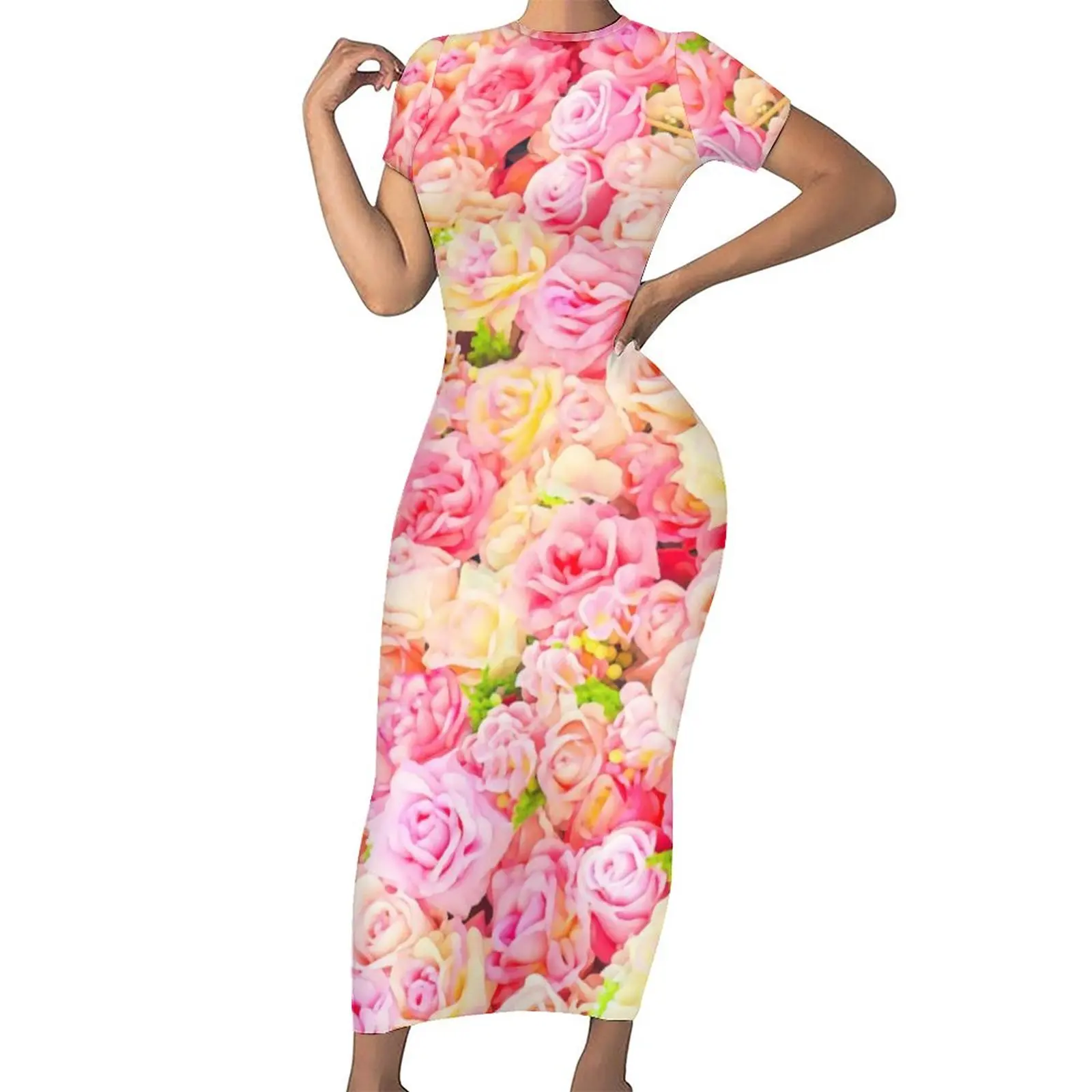 

Pink Flower Print Dress Rose Garden Streetwear Bodycon Dress Summer Short Sleeve Modern Maxi Dresses Custom Oversize Vestidos
