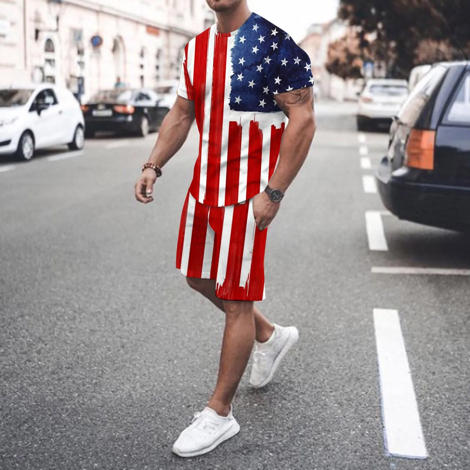 

Independence Day 2 Piece Suit Stripe Print Tracksuit Star Print Male Set Vacation Holiday Conjuntos Cortos 4th Of July 2023