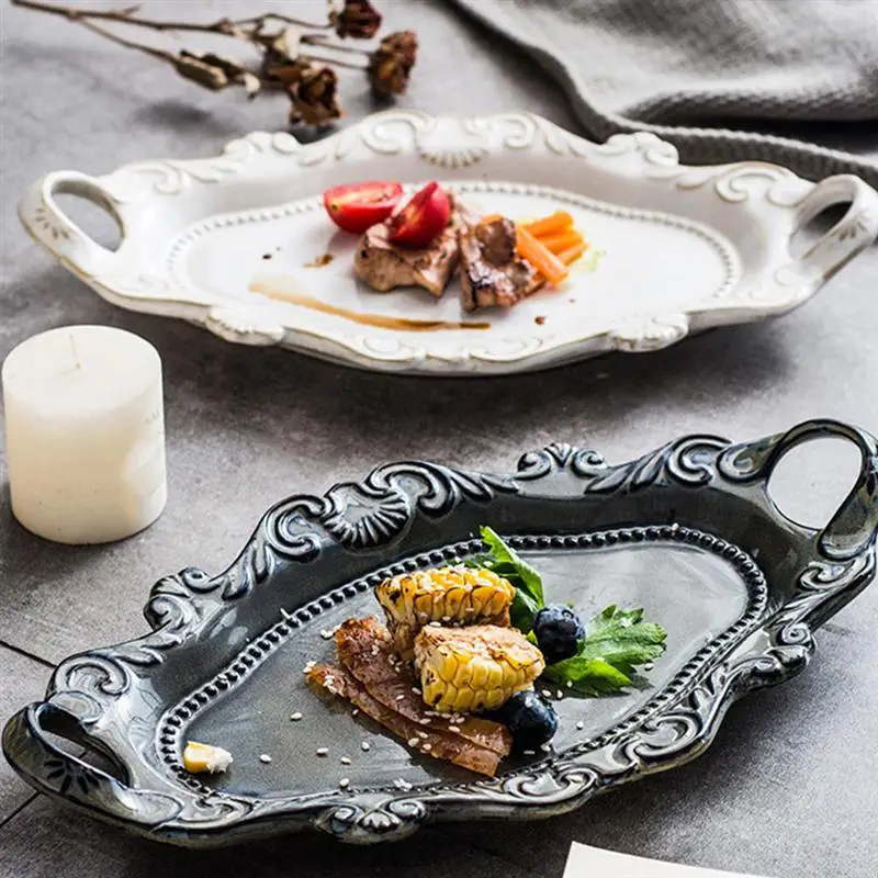 

1Pc European Relief Plate Ceramic Fruit Plate Dessert Serving Tray Storage Plate