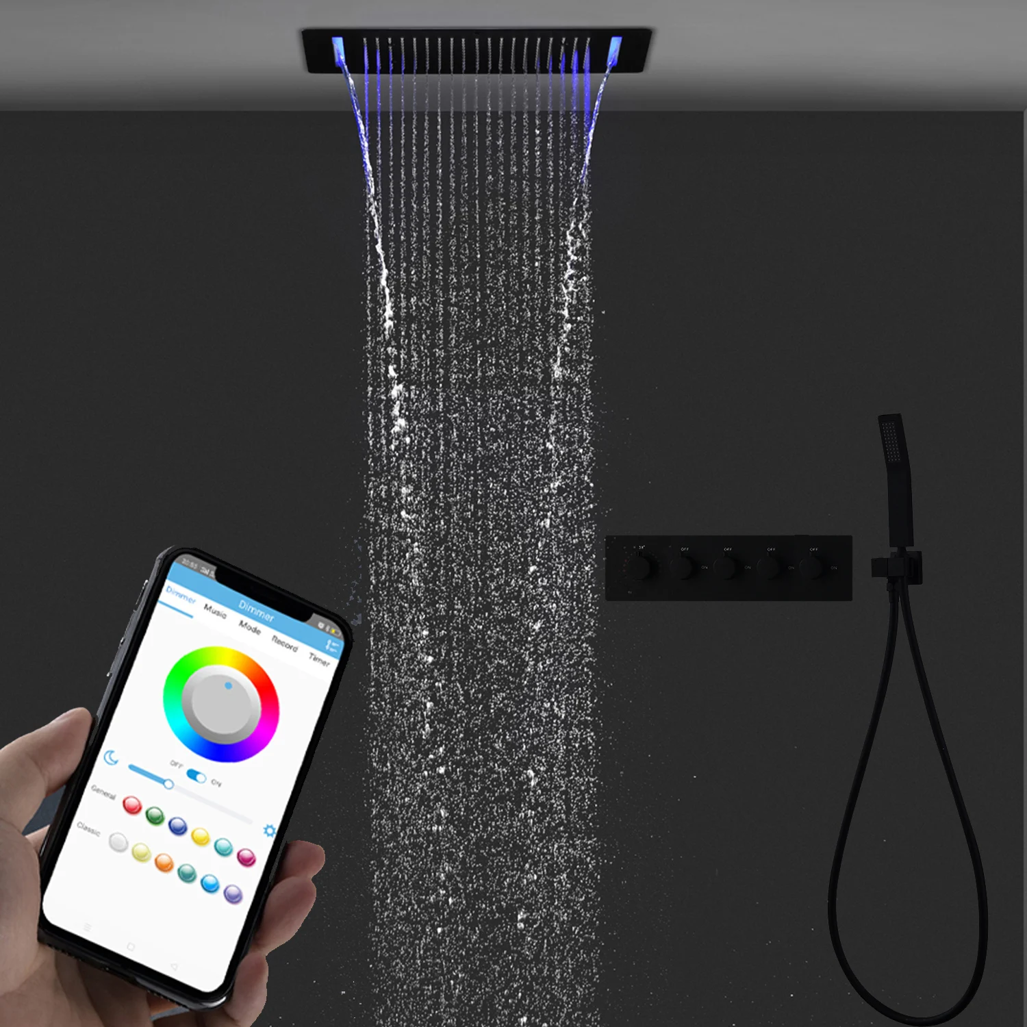 

2022 Bathroom Accessories Black LED Shower Head 700x380MM Large Rainfall Waterfall Mist Set Thermostatic Mixer Faucets System