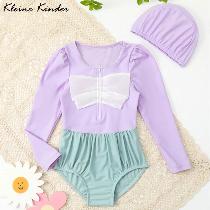 

Swimwear for Girls Long Sleeves Children's Bathing Suit One Piece with Cap UV Protection Girls' Swimsuit Bow Tie Beach Clothes