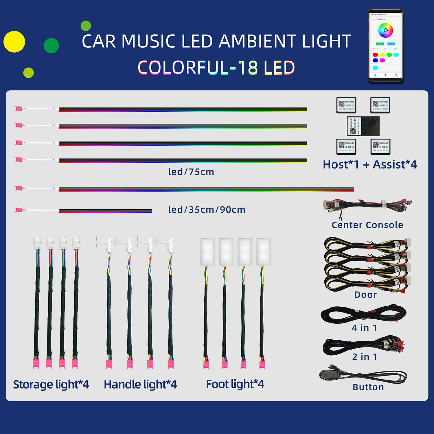 

18-в-1 128 красочных RGB Symphony для интерьера автомобиля, светодиодный универсальный светильник с несколькими режимами, украшение, атмосферное освещение, управление через приложение