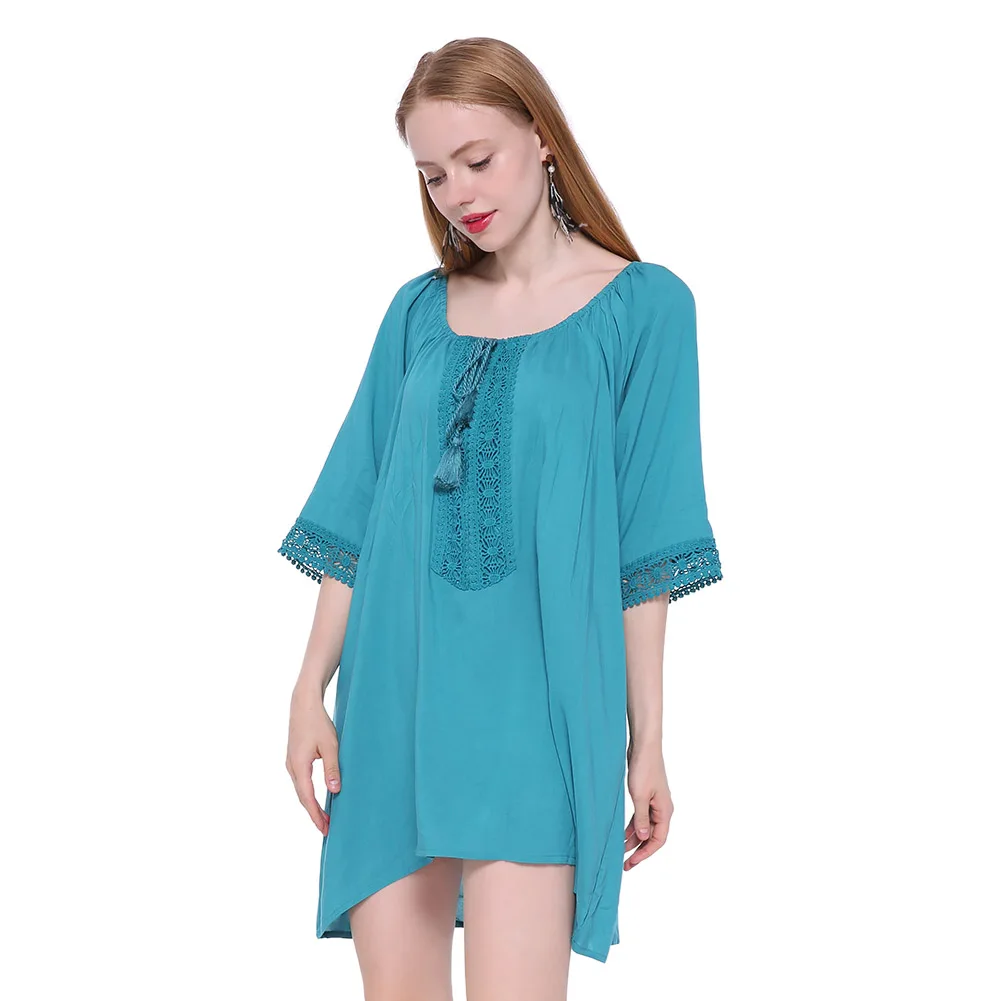 

Summer Women Sexy Beach Cover Up Swimsuit Chiffon Short Dress Blue Plage Suit Tunic Swimwear Three Quarter Sleeves