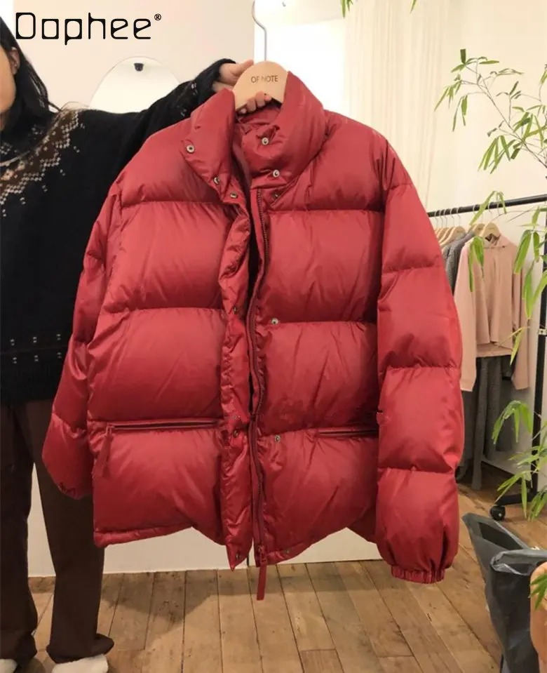 Short Down Jacket for Women Winter New Loose Thick Stand Collar White Duck Down Puffer Jacket Coat for Ladies Casual Warm Coat