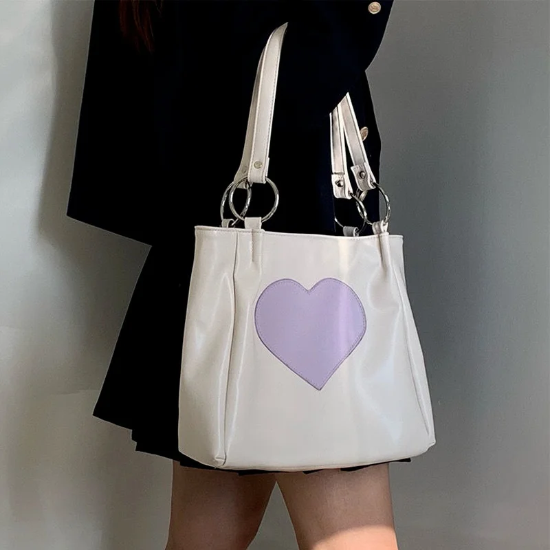 

Кавайная сумка на плечо в стиле Харадзюку, Женская японская Сумка-тоут с милым сердцем в стиле «лолита», дамские сумочки, 2023, большая сумка-шоппер на молнии