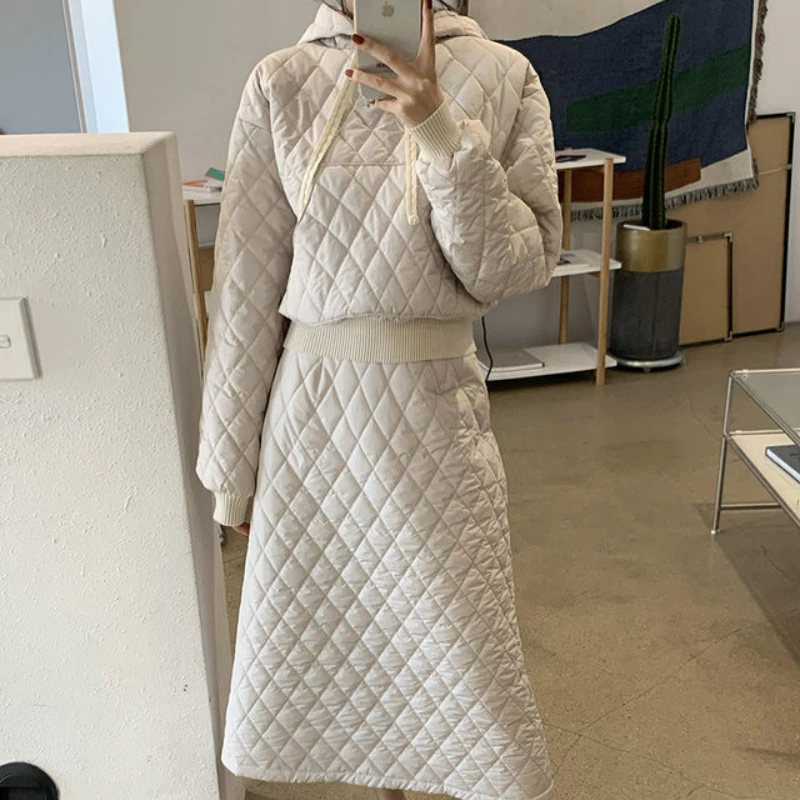 

Korean Fashion Autumn and Winter Hooded Cotton Dress Suit A-line Cotton Skirt Thickened Warm Cotton Jacket Two-piece Set Dress