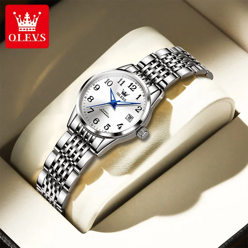 OLEVS 2022 Fashion Luxury Women Calendar Week Display Stainless Steel Strap Watches Luminous Waterproof Mechanical Watch 6666