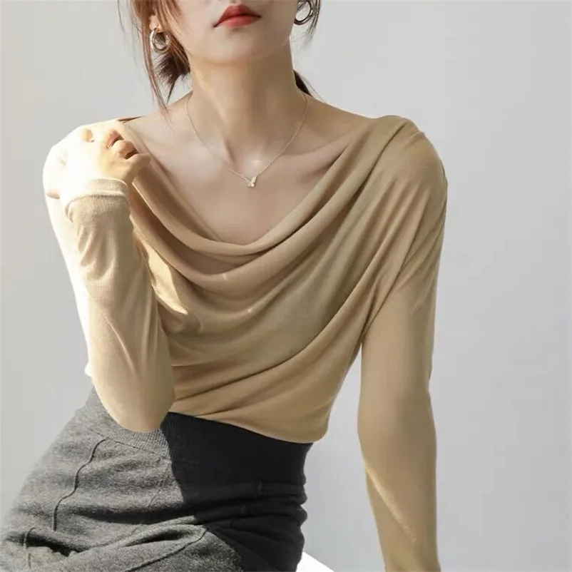 

Solid Cotton Comfortable Casual Shirt Women Loose Full Sleeve Knitted T-shirt Elegant Bottoming Tops Black Purple Khaki 10 Color