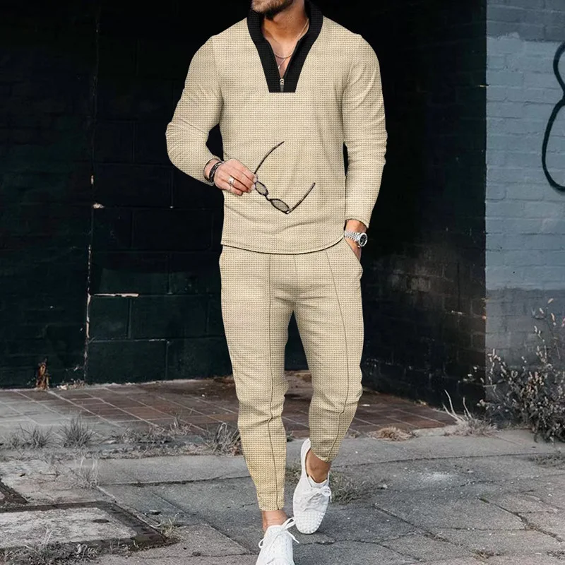 Custom 2-Piece Men's Waffle Suit Long Sleeve Stitching Stand Collar Sports Fashion Casual Half Zipper Set