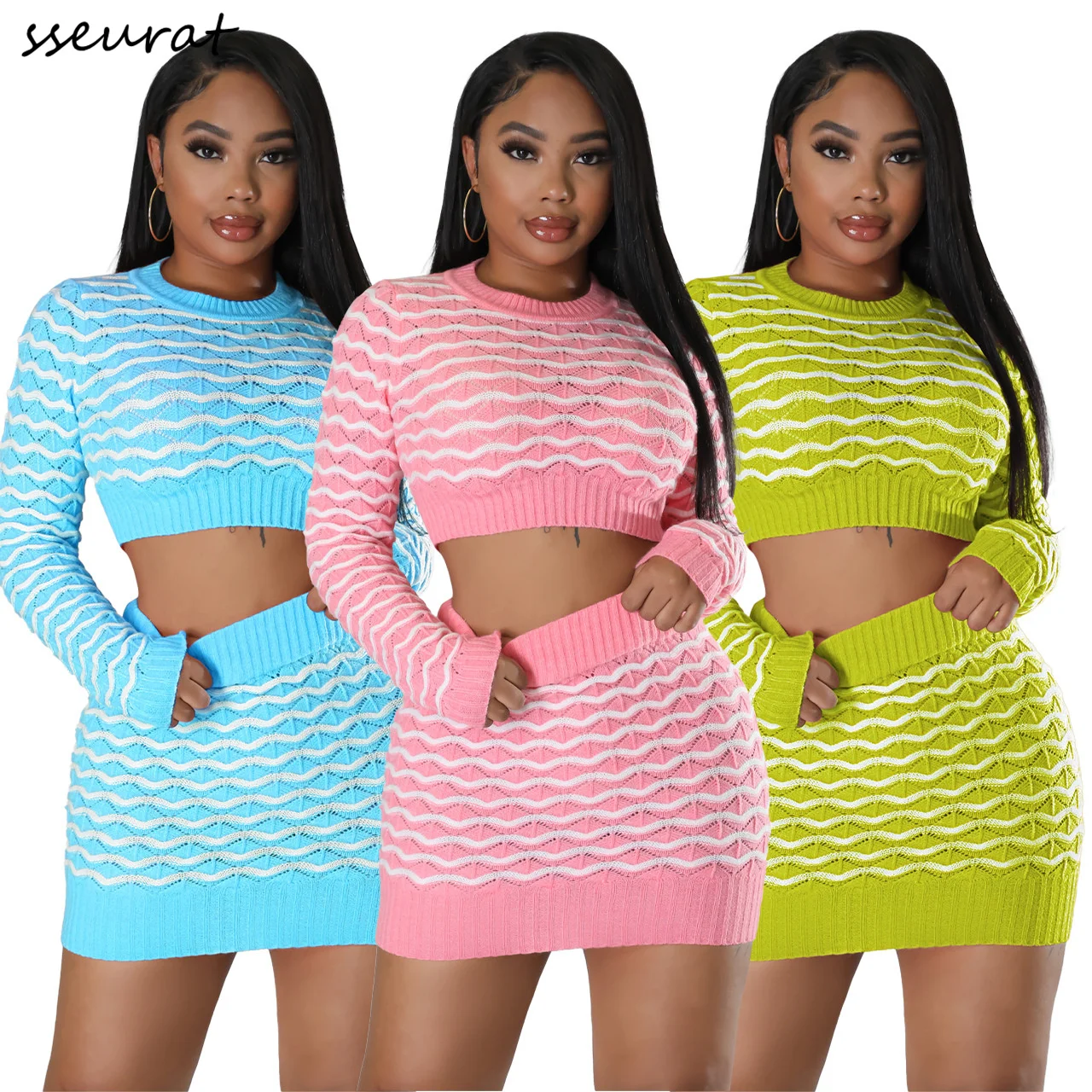 

Полосатый вязаный комплект из двух предметов, платье, пуловер с длинным рукавом, короткий топ, облегающая мини-юбка, модные сексуальные кост...