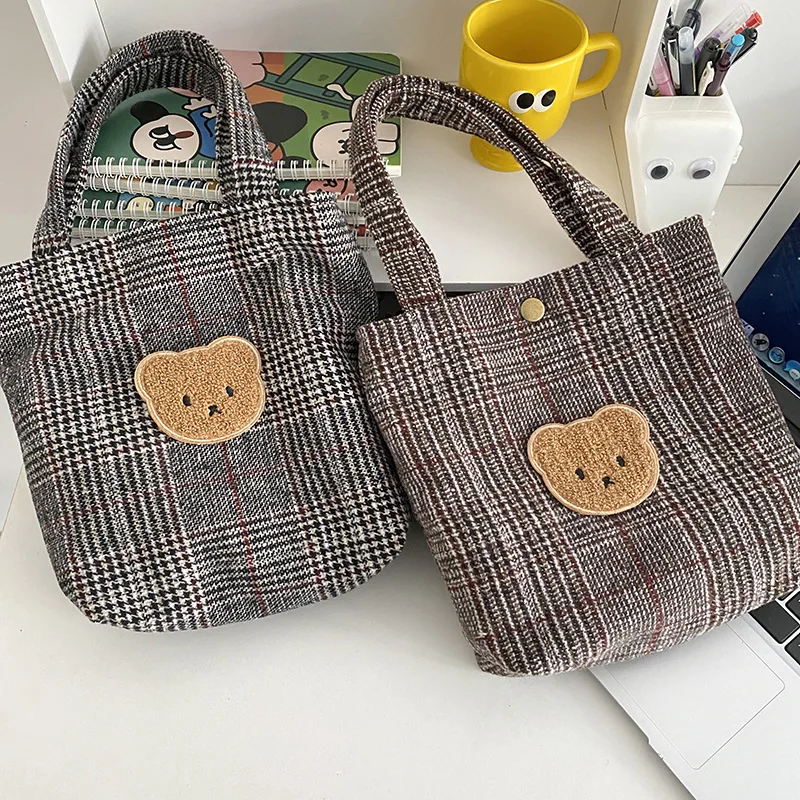 

Canvas Women Tote Bags 2022 Cartoon Bear Small Lunch Bag Cotton Cloth Girl Student Food Bag Picnic Travel Female Handbags Purses