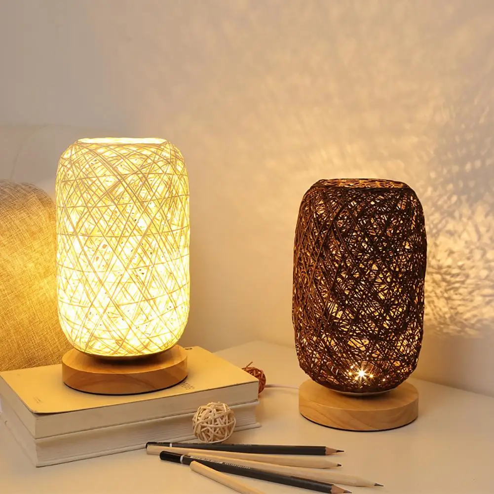 

Wooden Rattan Twine Table Lamp Dimmable Led Night Light Desk Lights Home Art Decoration For Bedroom